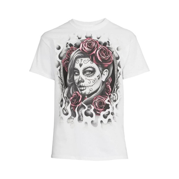 Humor Men's Large Flame Roses Pinup Graphic T Shirt Short Sleeve White - Picture 1 of 3